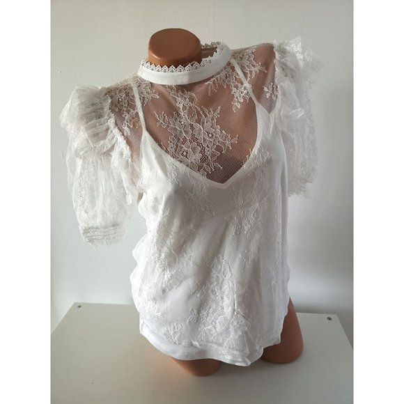 new 2-pc Ruffle Lace Blouse Top white L - Picture 6 of 10